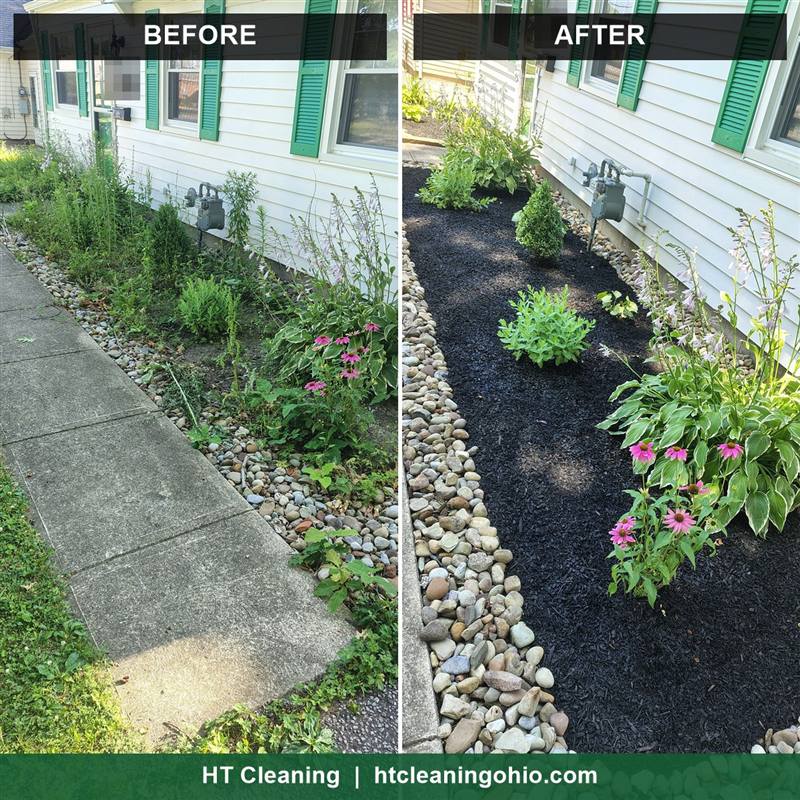 Before and after: new flower bed with weed fabric, mulch, river rock and plants