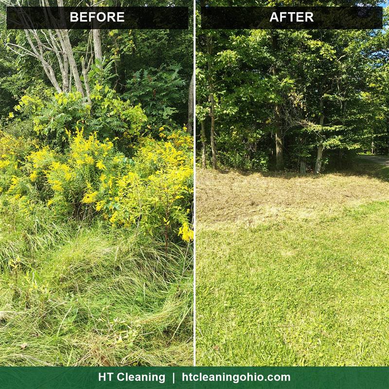 Before and after: tall weeds and brush cleared from a large property