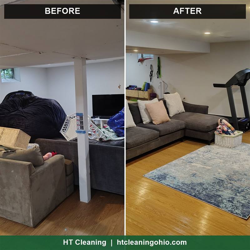 Before and after: basement full of boxes and furniture turned back into a family room