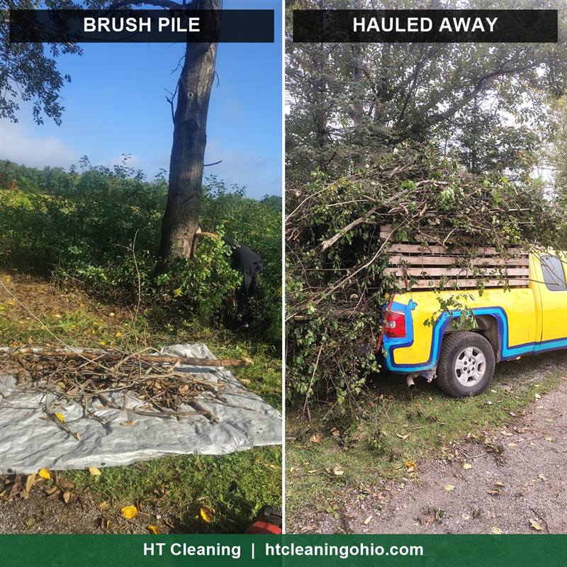 Truck loaded with tall weeds and brush cut during a yard cleanup