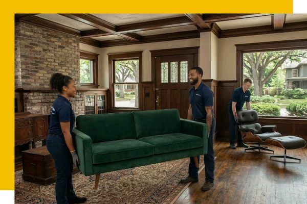 Team carrying a couch out of a home